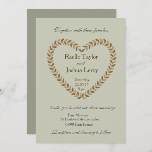 Earth Leaves Heart Olive Fall Wedding Uitnodiging (Voorkant / Achterkant)