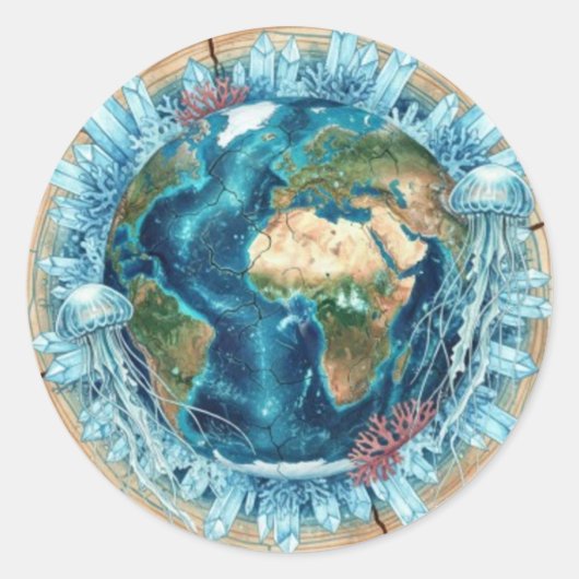 Earth Nature Fusion with Ocean Life & Crystal art Ronde Sticker (Voorkant)