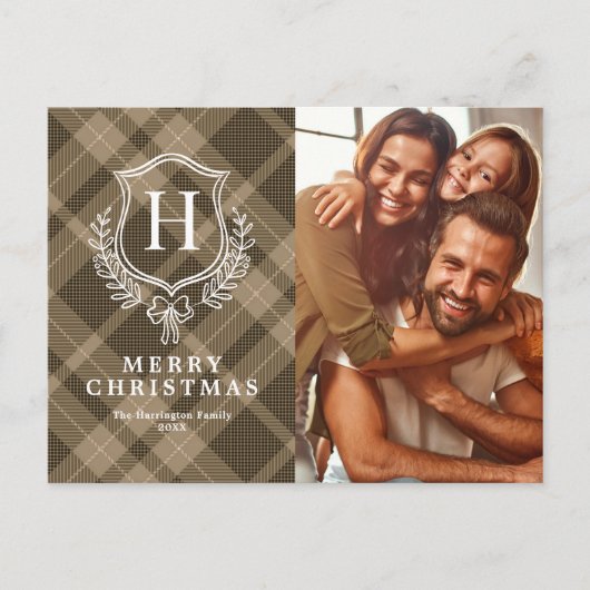 Earth Plaid Monogram Foto Kerstmis Feestdagenkaart (Voorkant)