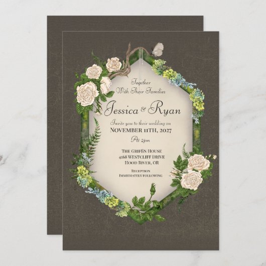 Earth Rustic Moss en Rozen Huwelijksuitnodiging Kaart (Voorkant / Achterkant)