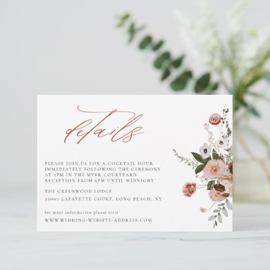 Earth-tone Autumn Floral Wedding Details Card Kaart (Staand voorkant)