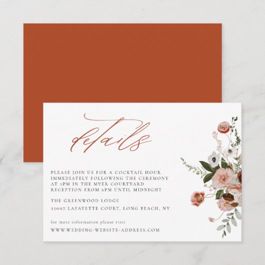 Earth-tone Autumn Floral Wedding Details Card Kaart (Voorkant / Achterkant)