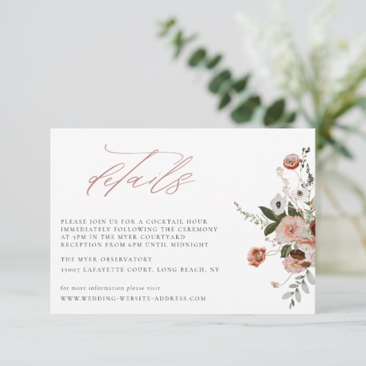 Earth-tone Autumn Floral Wedding Details Card Kaart (Staand voorkant)
