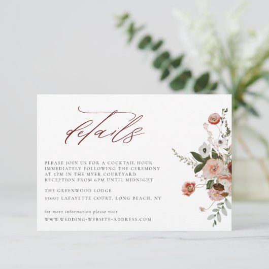 Earth-tone Autumn Floral Wedding Details Card Kaart (Staand voorkant)