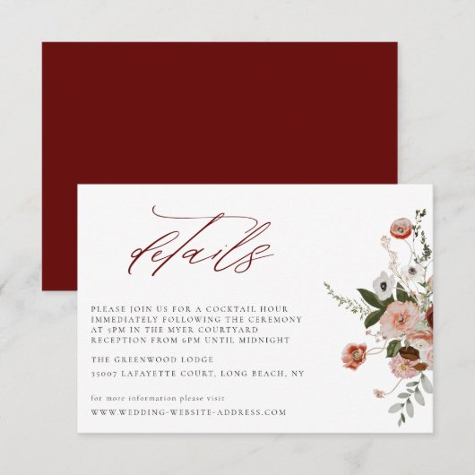 Earth-tone Autumn Floral Wedding Details Card Kaart (Voorkant / Achterkant)