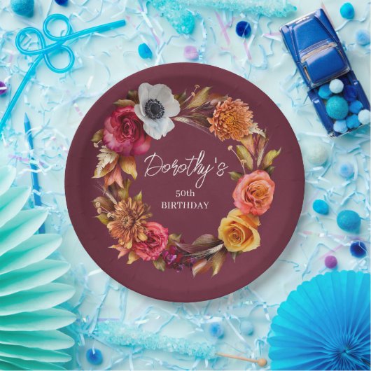 Earth Tone Bourgogne Herfst Flowers 50ste verjaard Papieren Bordje (Feest)