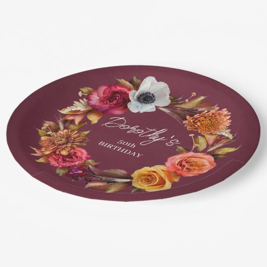 Earth Tone Bourgogne Herfst Flowers 50ste verjaard Papieren Bordje (Gekanteld)