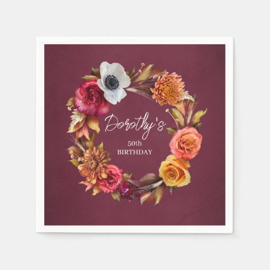 Earth Tone Bourgogne Herfst Flowers 50ste verjaard Servet (Voorkant)