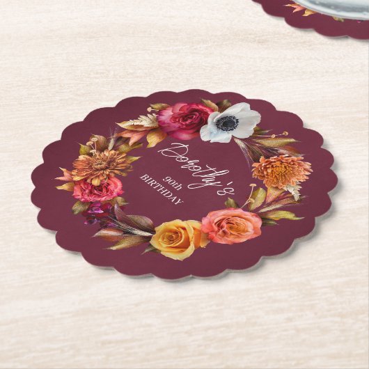 Earth Tone Bourgogne Herfst Flowers 90ste verjaard Kartonnen Onderzetters (Gekanteld)
