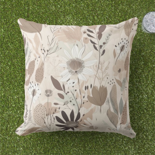 Earth Tone Floral Brown Cream Sage Throw Pillow  Buitenkussen (Gras)