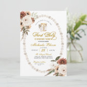 Earth Tone Floral Pearl Eerste Heilige Communie Kaart (Staand voorkant)
