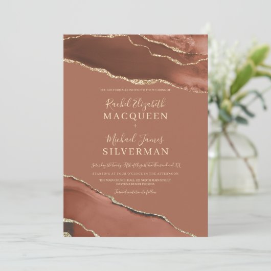 Earth Tone Terracotta Gold Agate Marble Wedding Kaart (Staand voorkant)