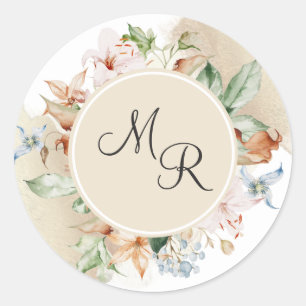 Earth Tones Floral, Beige Monogram Envelope Seal Ronde Sticker