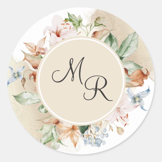 Earth Tones Floral, Beige Monogram Envelope Seal Ronde Sticker (Voorkant)