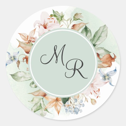 Earth Tones Floral, Green Monogram Envelope Seal Ronde Sticker (Voorkant)