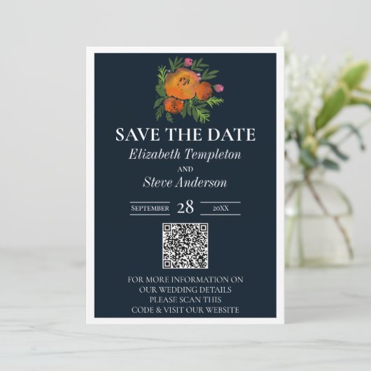 Earth Tones Verbrand Sinaasappel Navy Bloemen Trou Save The Date (Staand voorkant)