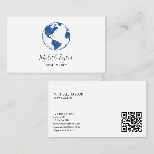 Earth Wereldbol Word Map Travel Agent QR Code Visitekaartje (Voorkant / Achterkant)