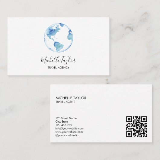 Earth Wereldbol Word Map Travel Agent QR Code Visitekaartje (Voorkant / Achterkant)