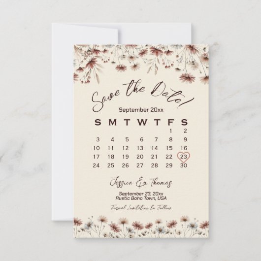 Earthtone Boho Chic Wildflowers Trouwkalender Save The Date (Voorkant)