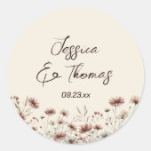 Earthtone Boho Wildflowers Paar Namen Trouwen Ronde Sticker (Voorkant)