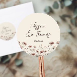 Earthtone Boho Wildflowers Paar Namen Trouwen Ronde Sticker