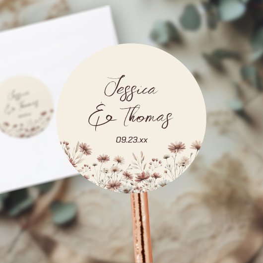 Earthtone Boho Wildflowers Paar Namen Trouwen Ronde Sticker