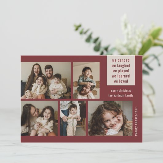 Earthy 5 Photo Collage Year Review Kerstwijn Feestdagenkaart (Staand voorkant)