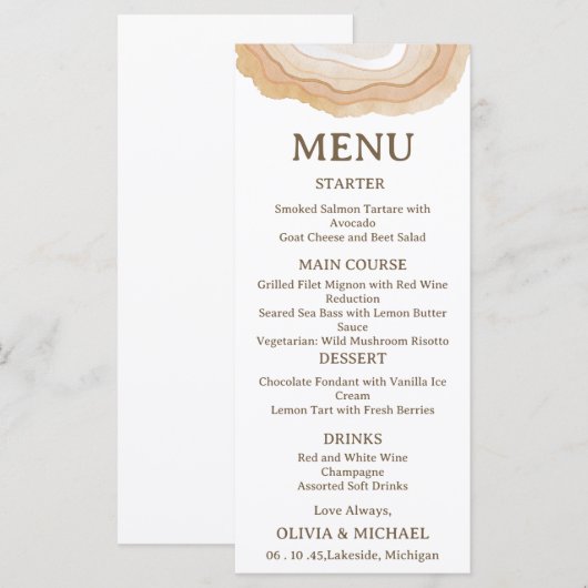 Earthy Abstract Watercolor Agate Wedding Menu Card (Voorkant / Achterkant)