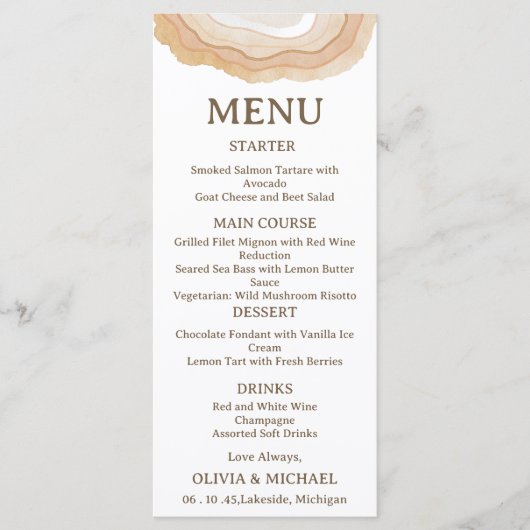 Earthy Abstract Watercolor Agate Wedding Menu Card (Voorkant)