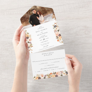Earthy Autumn Floral Black Wedding All In One Uitnodiging