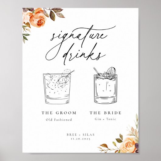 Earthy Autumn Floral Minimalist Signature Drinken Poster (Voorkant)