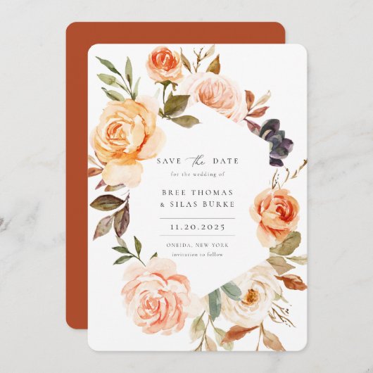 Earthy Autumn Floral Photo Save the Date (Voorkant / Achterkant)