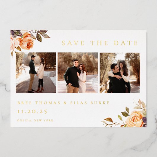Earthy Autumn Floral Photo Save the Date Folie Uitnodiging (Voorkant)