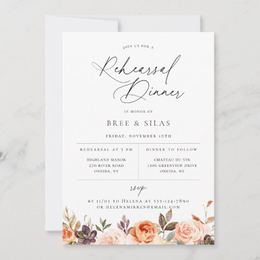 Earthy Autumn Floral Rehearsal Dinner Invitation Aankondiging (Voorkant)