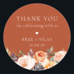 Earthy Autumn Floral Wedding Bedankt Ronde Sticker<br><div class="desc">Aardse Waterverf najaar botanische florale regeling,  persoonlijke huwelijksgunst bedankt je sticker in het terracotta sinaasappel.</div>
