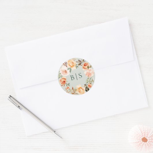 Earthy Autumn Floral Wreath Monogram Ronde Sticker (Envelop)