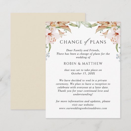 Earthy Blooms Beige Change of Plans Wedding Aankondiging (Voorkant / Achterkant)