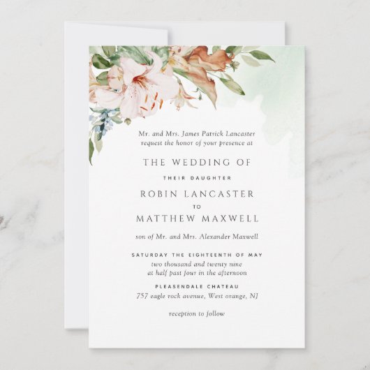 Earthy Blooms Elegant Green Pleal Wedding Invitat Kaart (Voorkant)