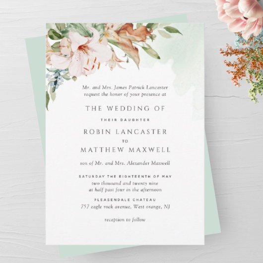 Earthy Blooms Elegant Green Pleal Wedding Invitat Kaart