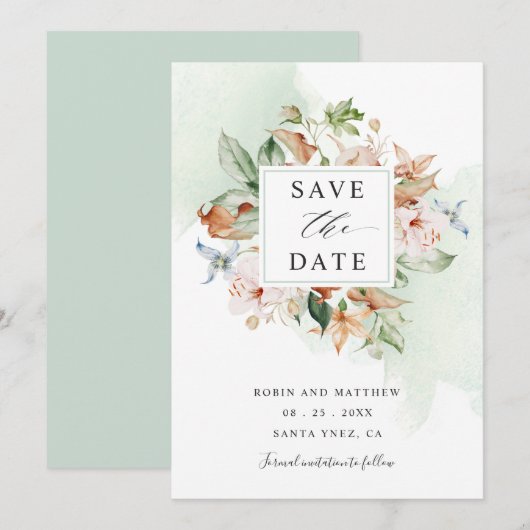 Earthy Blooms en Sage Green Floral Wedding Save T The Date (Voorkant / Achterkant)