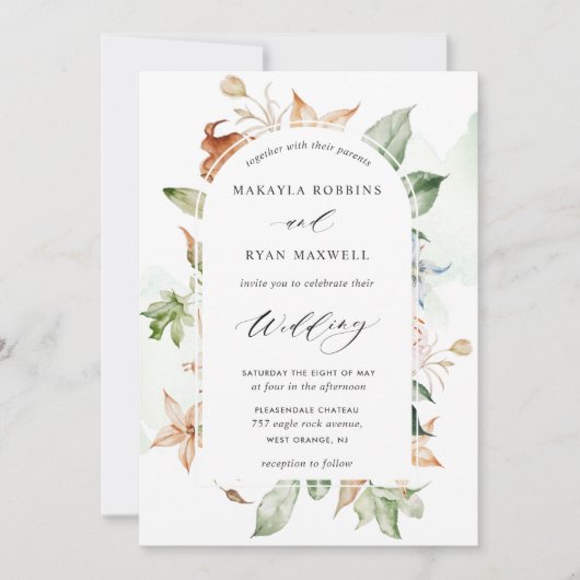 Earthy Blooms Green Stains, Elegant Arch Wedding I Kaart (Voorkant)