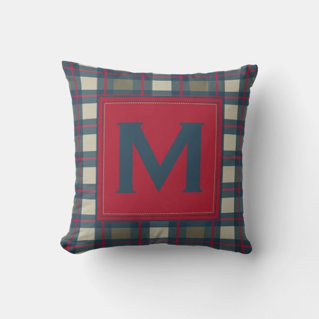 Earthy Blue Khaki Red Monogram Pset Pillow Kussen (Voorkant)