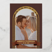 Earthy Boho Arch Foto Jewish Chuppah Hebrew Folie Uitnodiging (Voorkant)