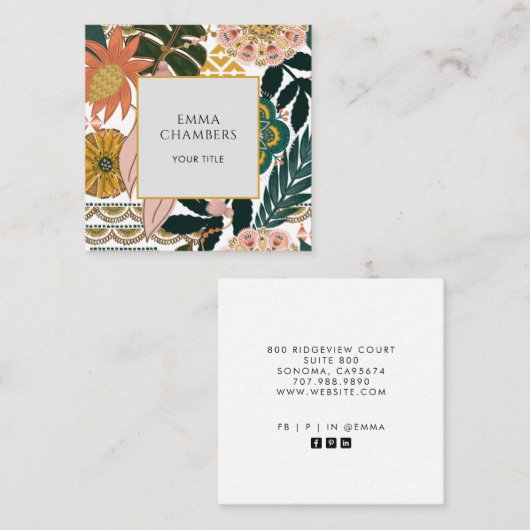 Earthy Boho Brown Zwart Tropische Bloemen Vierkante Visitekaartje (Voorkant / Achterkant)