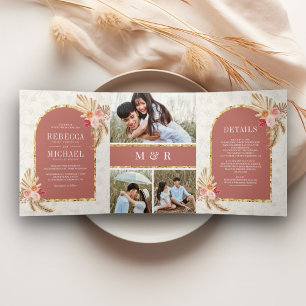 Earthy Boho Floral Pampas Cinnamon Roos Wedding Drieluik Uitnodiging