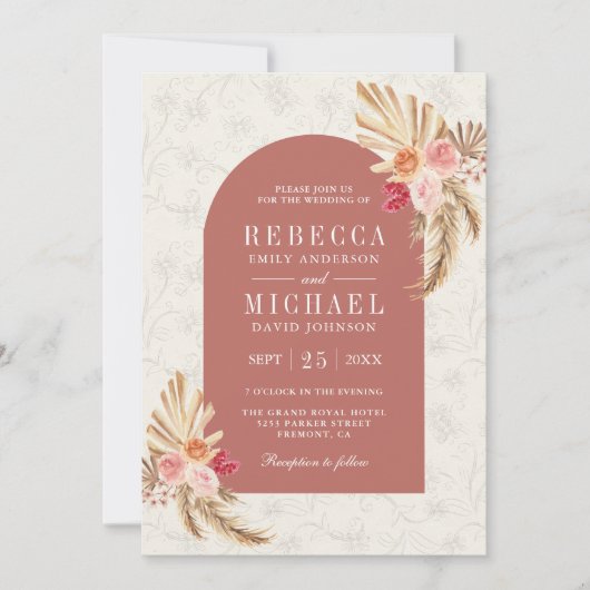 Earthy Boho Floral Pampas Cinnamon Rose Wedding Kaart (Voorkant)