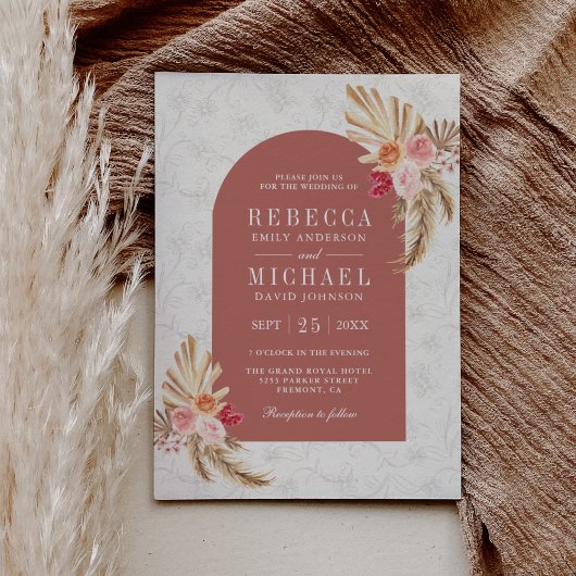 Earthy Boho Floral Pampas Cinnamon Rose Wedding Kaart