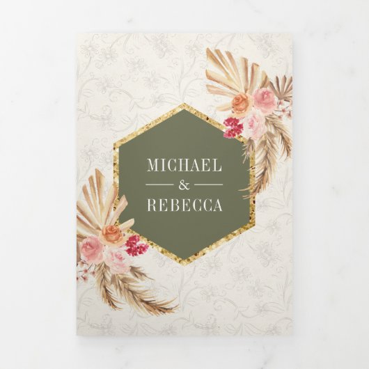 Earthy Boho Floral Pampas Sage Green Wedding Drieluik Uitnodiging (Cover)