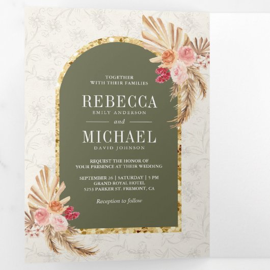 Earthy Boho Floral Pampas Sage Green Wedding Drieluik Uitnodiging (Binnenzijde eerst)