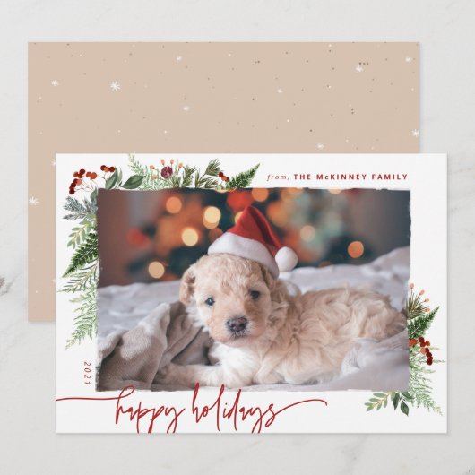 Earthy Boho Greenery Burgundy Beige Foto Feestdagenkaart (Voorkant / Achterkant)